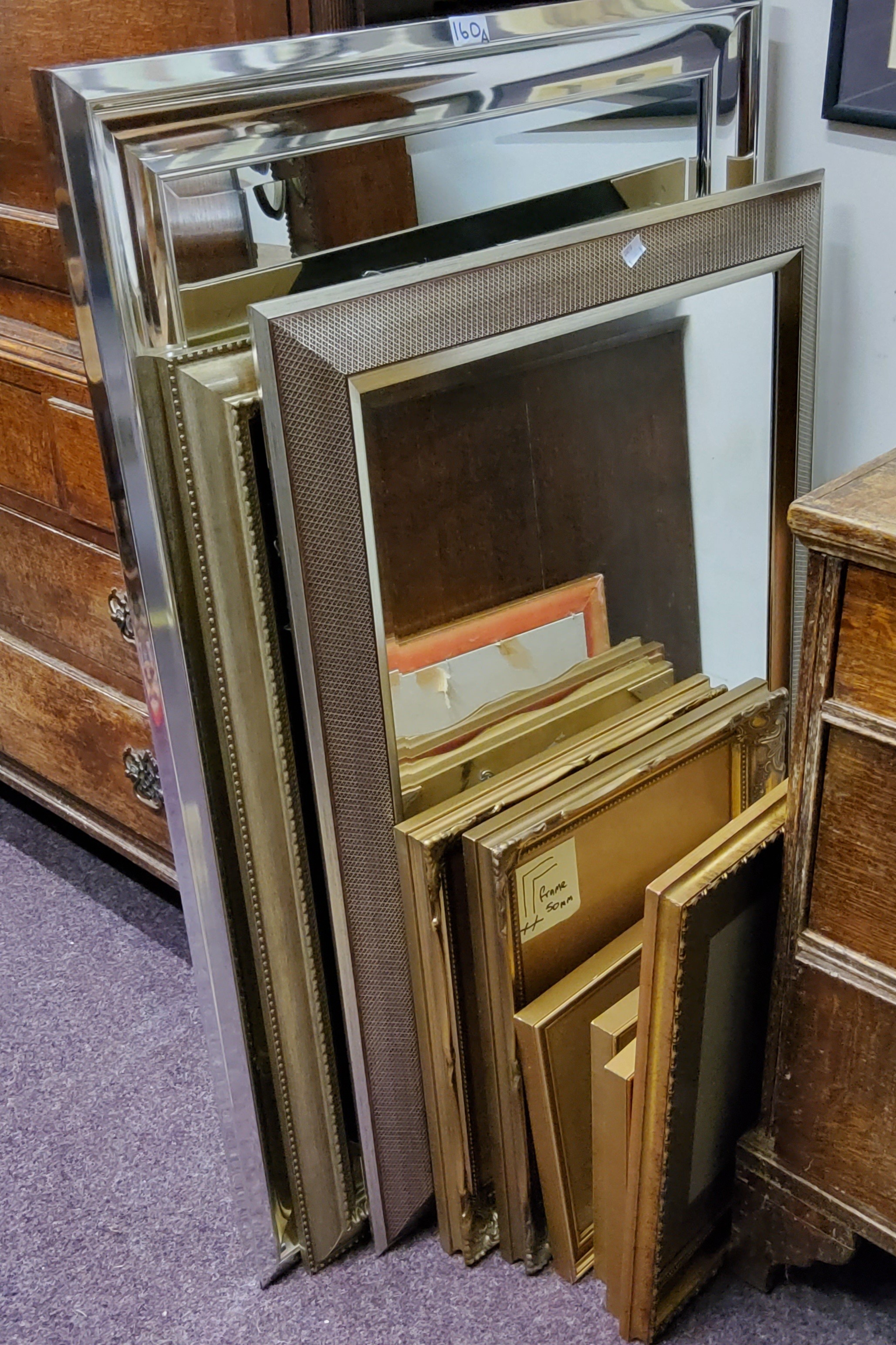 Various contemporary mirrors, the largest 77 x 106cms;  gilt picture/photograph frames,  the largest