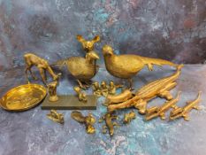 A pair of brass pheasants; a large brass nut cracker in the form of a crocodile; others smaller; a