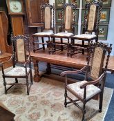 A set of five early 20th century oak dining chairs, including two elbow chairs, bergere backs