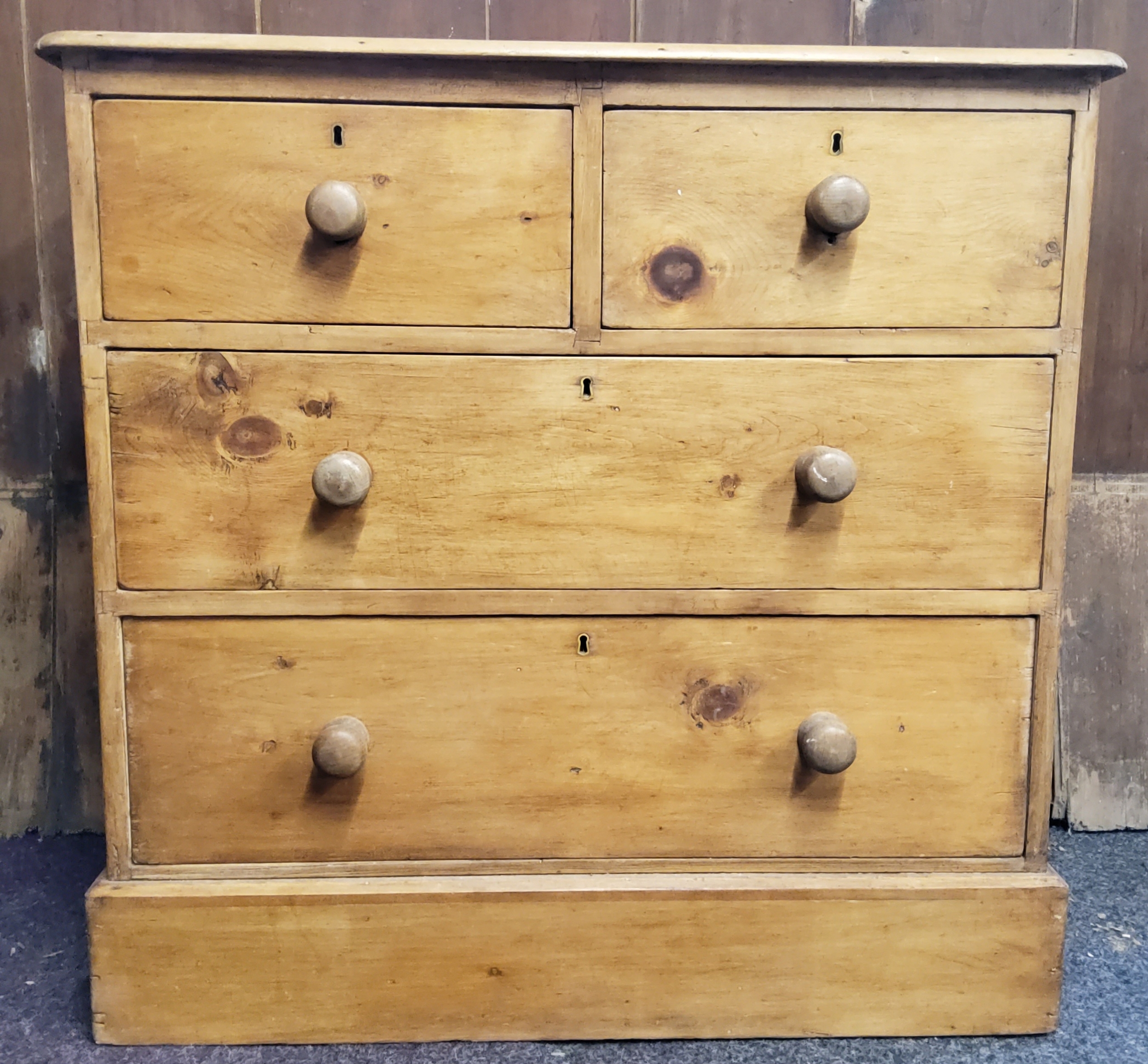 A Victorian pine chest, of two short and two long drawers, plinth base, 87cm high, 90cm wide, 50cm - Image 2 of 2