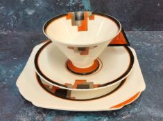 A Shelley Art Deco Vogue Orange Block pattern teacup, saucer and side plate, triangular handle,