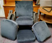 An early 20th Century Art Deco cinema/theater arm chair, upholstered in grey 'velvet', cast supports