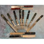A set of six early Victorian banded and spinach agate hafted close plated dessert  knives and forks,