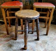 A 19th century elm and Ash workshop stool, well figured with X frame stretcher; a pair of beech