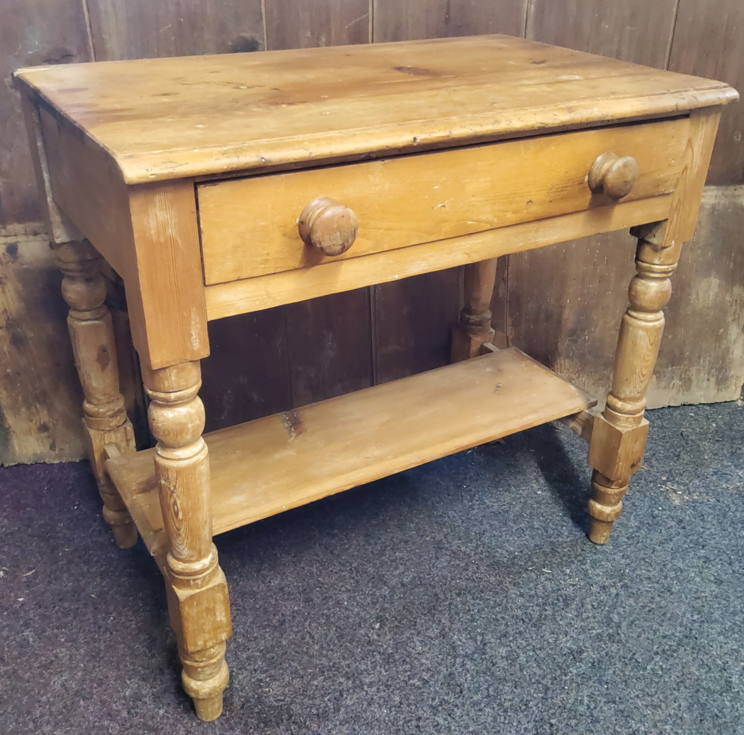 A Victorian pine side table, drawer to frieze, shelf stretcher, turned legs, 76cm high, 77cm deep, - Image 2 of 2