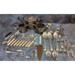 An E.P.B.M.  three piece tea servce, c.1880;  flatware;  preserve and pickle spoons and forks;  etc