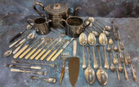 An E.P.B.M.  three piece tea servce, c.1880;  flatware;  preserve and pickle spoons and forks;  etc