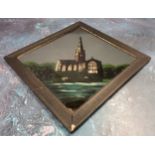 An eary 20th century reverse painting on glass, Church and Spire, 26cm square, framed