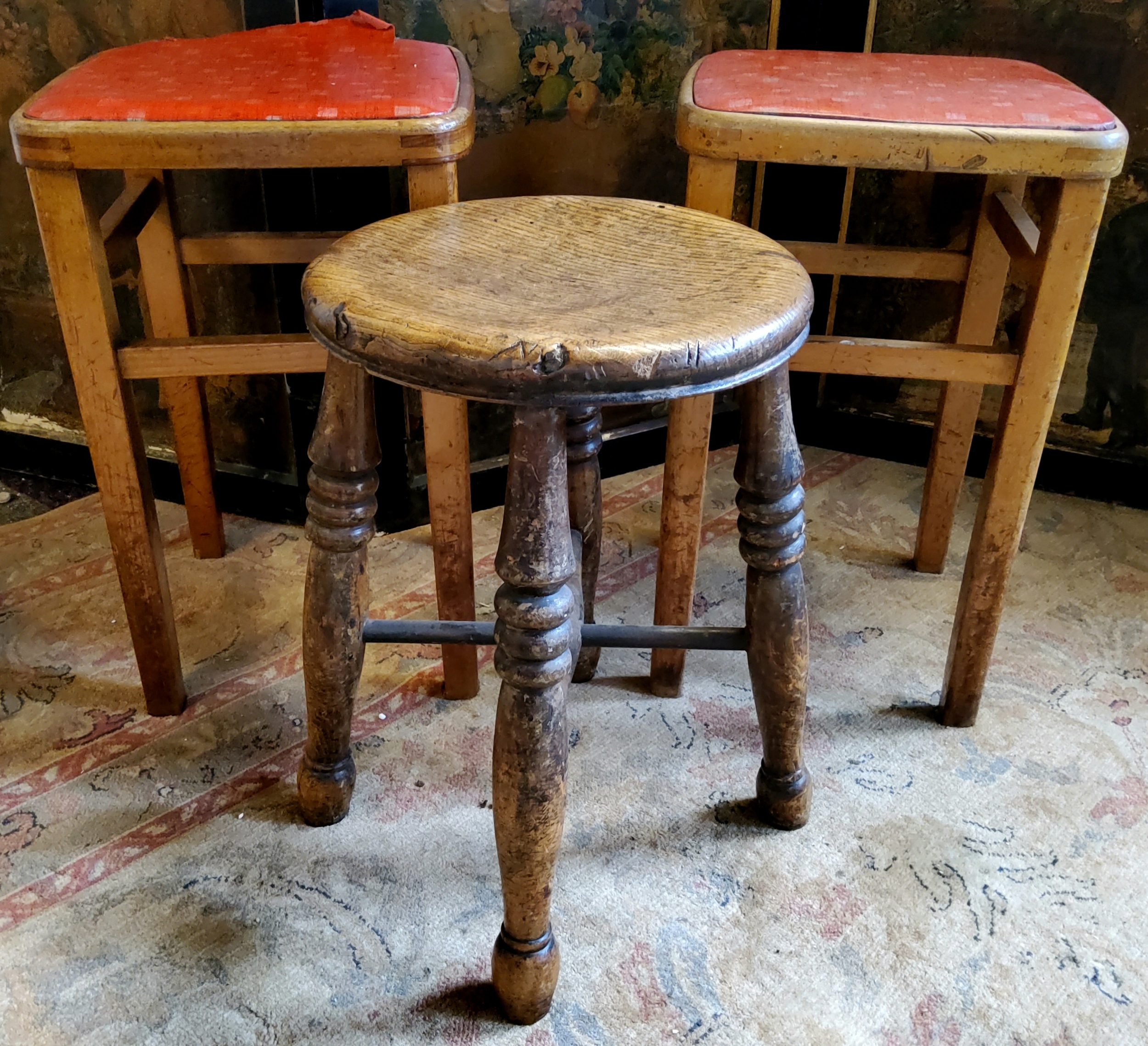 WITHDRAWN - 19th century elm and Ash workshop stool, well figured with X frame stretcher; a pair