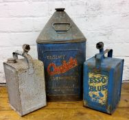 Salvage - A Qualube Lubricant tin, 5 gallon, 52cm high;  Esso Blue parrafin tin, 35cm high;  another