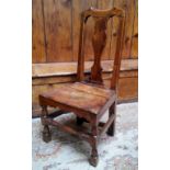 An early 18th century Queen Anne golden oak side chair, pierced vasular splat, solid seat, turned