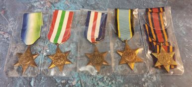 A collection of five WWII Second World War campaign medals including The Atlantic Star, The Italy