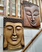 Two large Indonesian Bhudda panels, one carved from three panels of hardwood, the other resin (2)