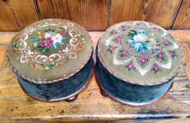 A pair of Victorian mahogany circular foot stools, tapestry tops, green velvet sides, bun feet, 17cm