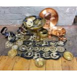 Horse brasses, various;   a brass hand warmer;  Indian brass pedestal bowl;  copper trays;  etc
