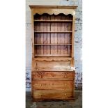 A 19th century English farmhouse pine bureau bookcase, fall front,  230cm high, 107cm deep, 50.5cm