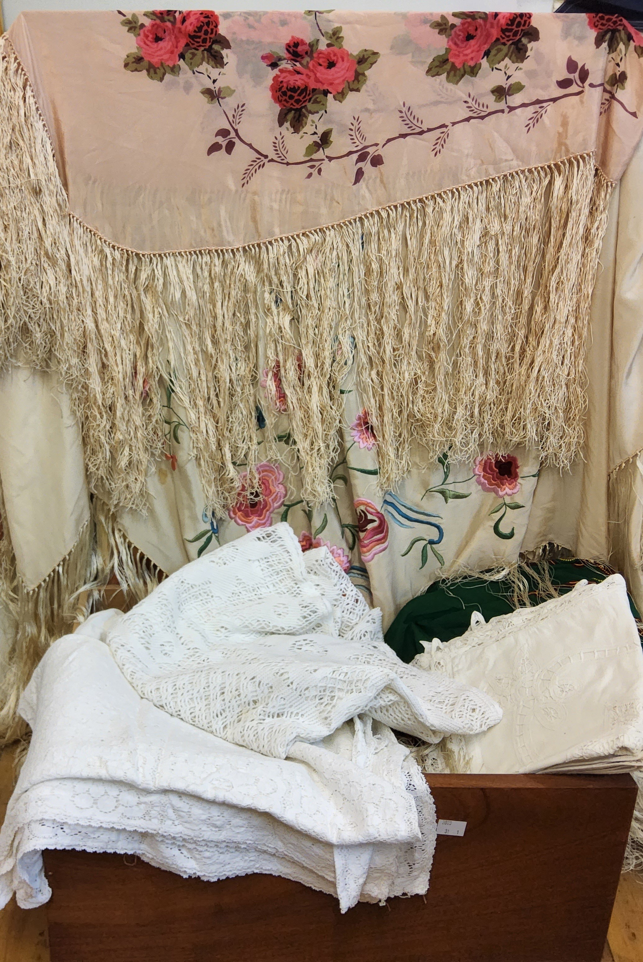 Textiles - a cotton night gown;  silk scarves;  lace and cotton table cloths;  etc