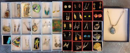 Contemporary silver & glass jewellery including baltic amber earrings; ablone, malachite & turquoise