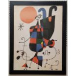 After Joan Miró (1893-1983), Figures and Dog in Front of the Sun, coloured print, 60cm x 45cm