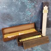 A slide rule;  set of rulers;  brass drawing instruments;  etc
