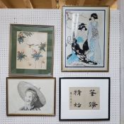 Linda Joy Green (Bn 1905) Geishas, signed, gouche and ink, picked out in silver, 64cm x 45cm;  a