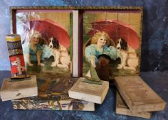 A Victorian picture block puzzle complete with coloured prints in original pictorial wooden box; a