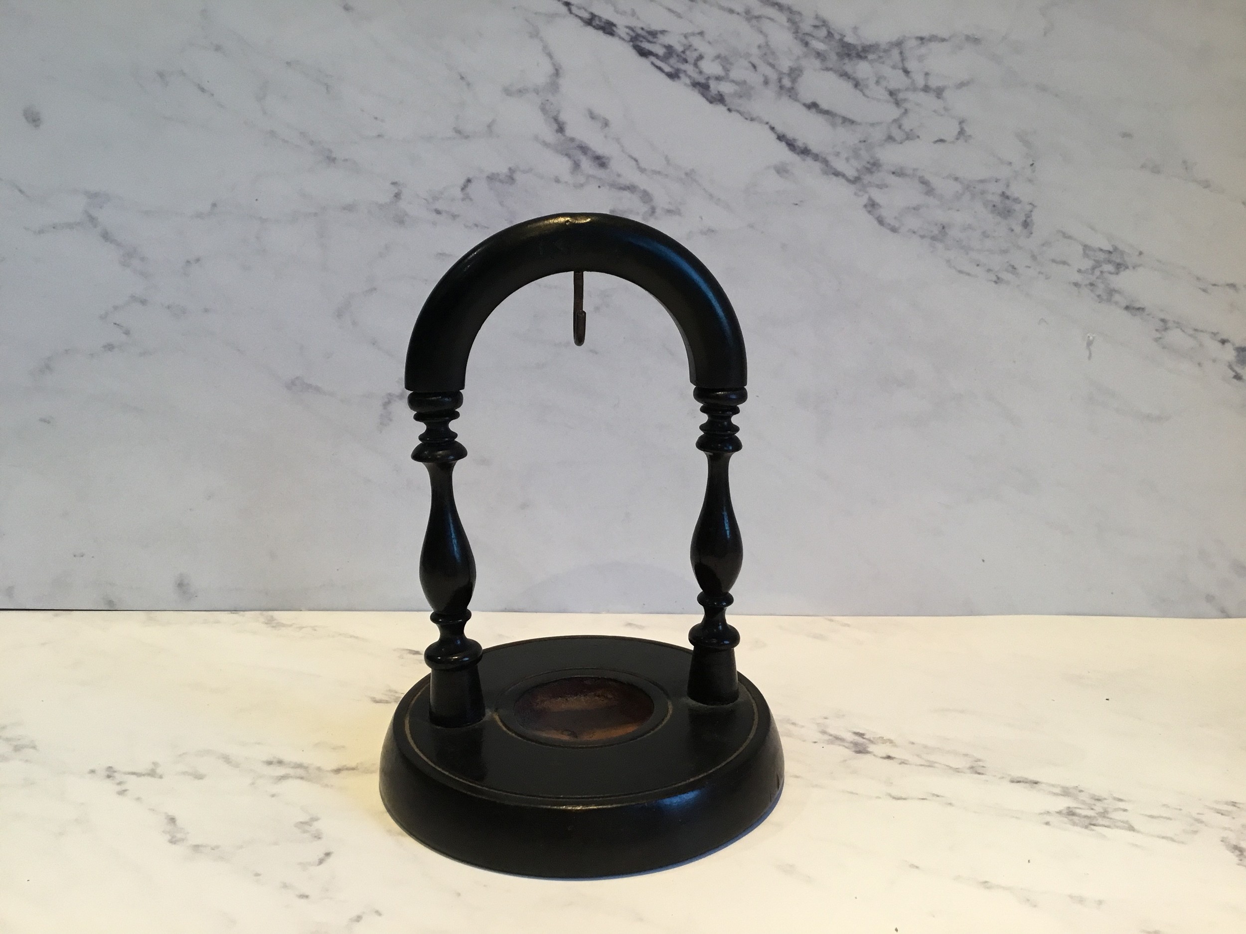 A Victorian ebonised pocket watch stand, the circular base with label From California House - Image 2 of 3