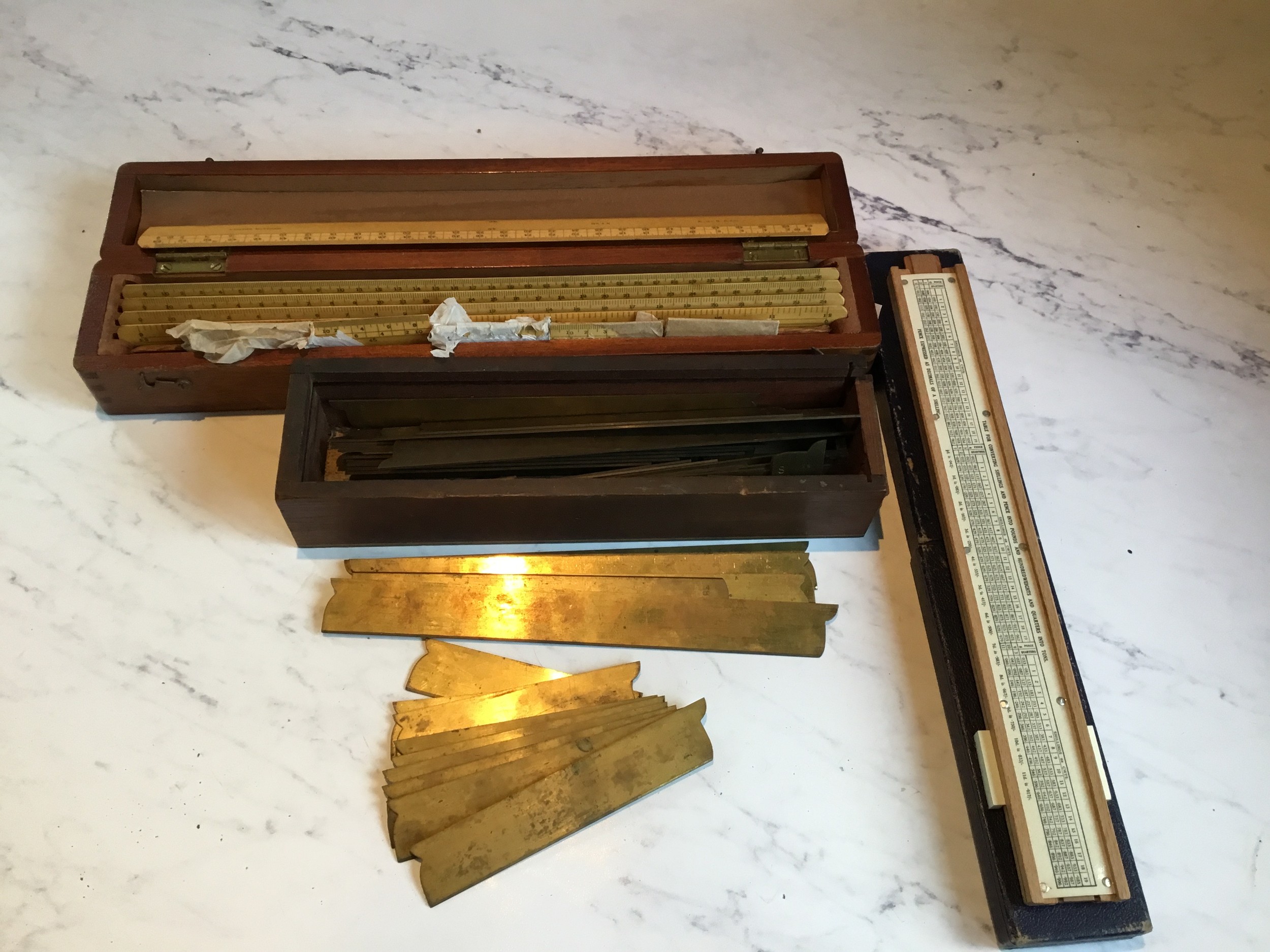 A slide rule;  set of rulers;  brass drawing instruments;  etc - Image 2 of 2