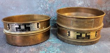 Three copper testing sieves N. Greenings & Sons and Endecotts Ltd and base