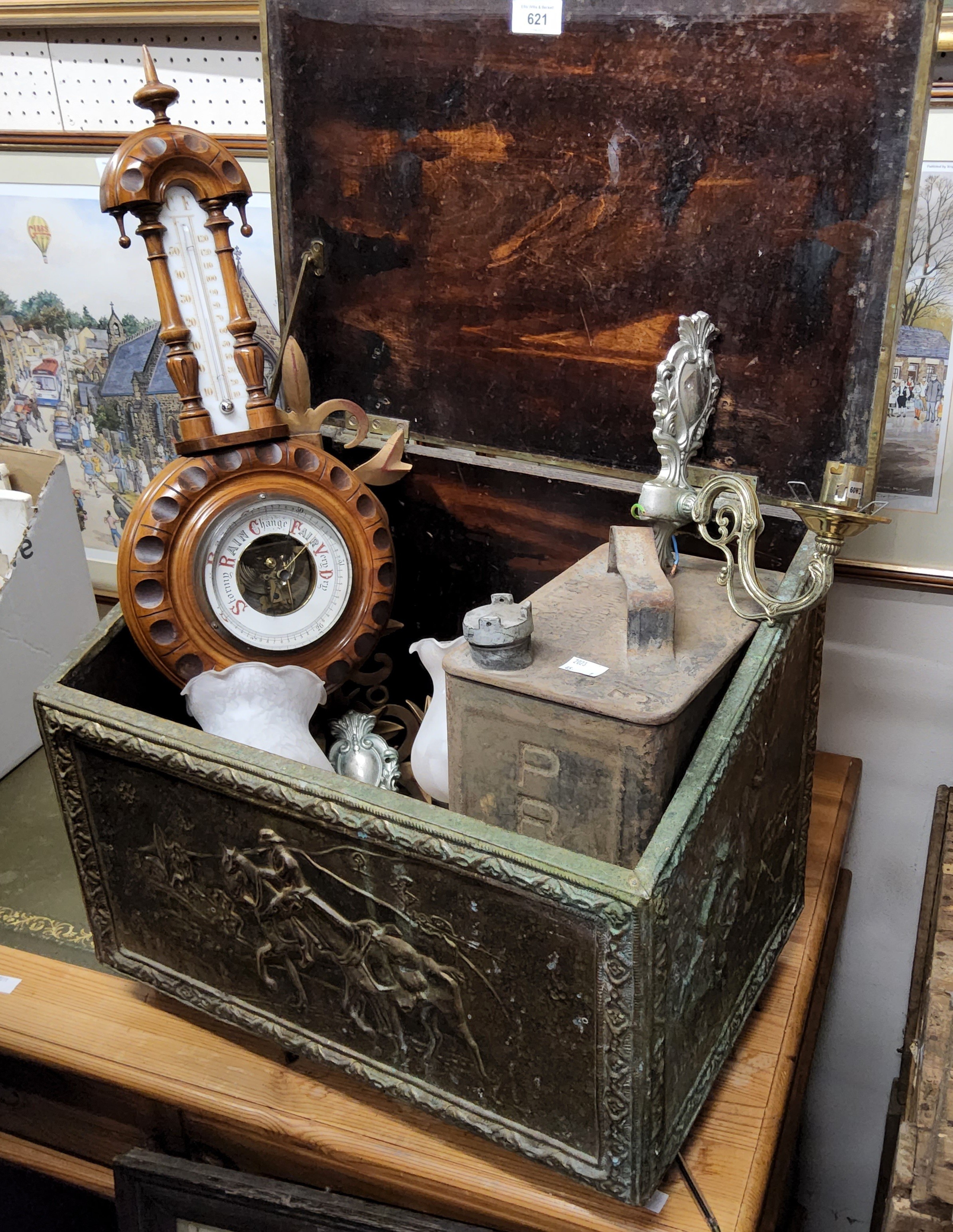 A mid 20th century brass slope top coal/log bin, 48cm wide;  a walnut wall hanging barometer;  a