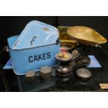 An early 20th century enamel Cakes tin and cover, c.1910; a set of cast iron & weights scales and
