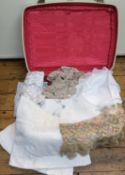 Linen & Lace - an Edwardian lace shawl; table cloths; etc;  an Antler suitcase, c.1950