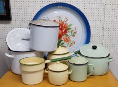 Metalware - various enamel canisters, sauce pans and a large charger painted with flowers