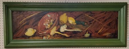 Caty Barcelo (20th century) Still Life Mushrooms and other Vegetables on a ledge signed, oil on