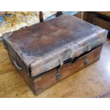 An early 20th century tin document box, leather outer cover,  handles to sides, lift out tray,