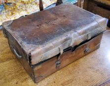 An early 20th century tin document box, leather outer cover,  handles to sides, lift out tray,