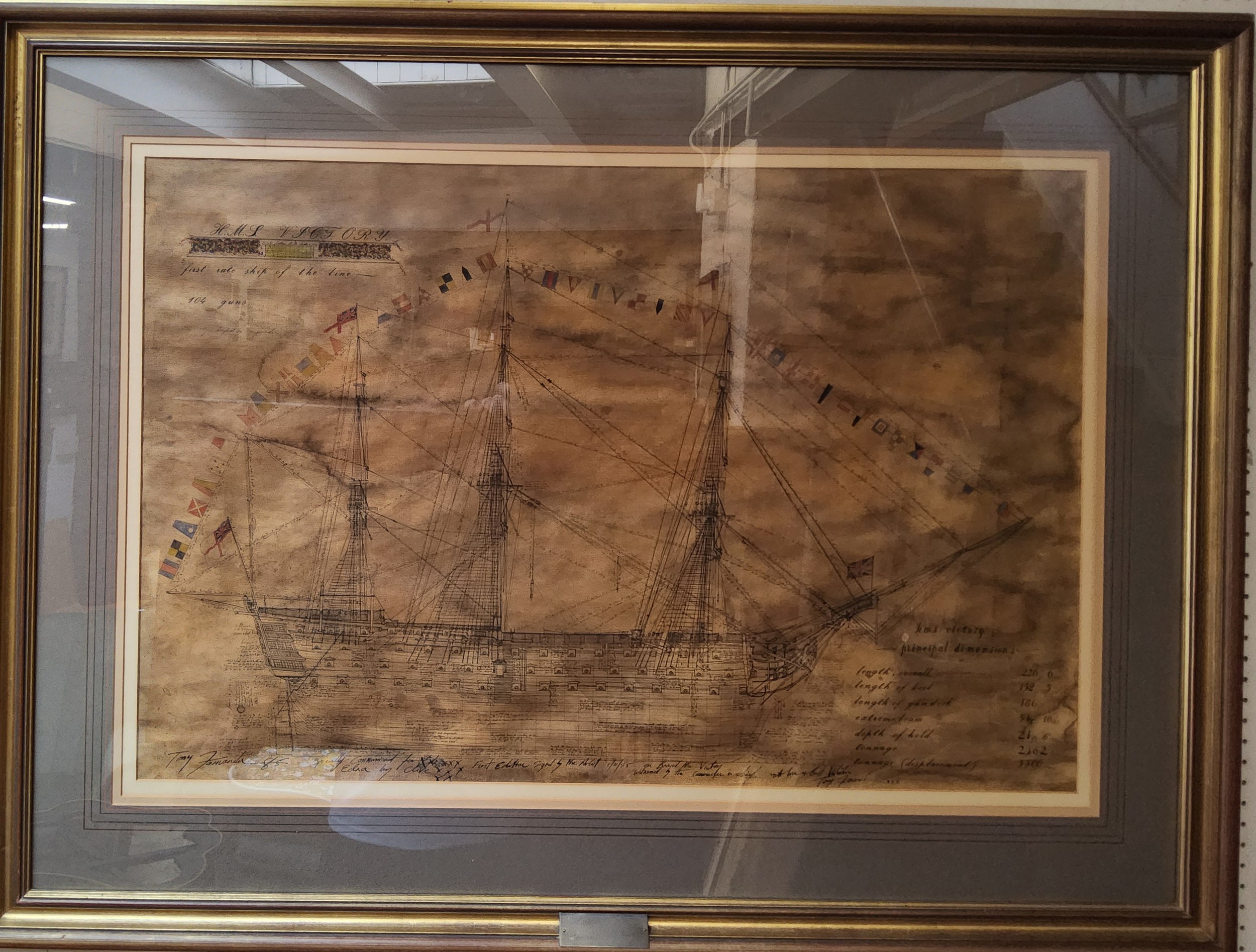 Tony Fernandes (Cartoonist, illustrator and Painter) H.M.S. Victory  the verso inscribed, 56cm x