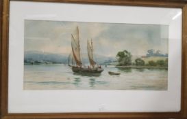 P Padden, Windmill, signed, watercolour, 35cm x 41.5cm;  W Lindley, Fishing Boats on Calm Waters,