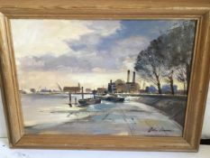 John Laurence, The Thames at Chelsea, signed, oil on board, 25cm x 35cm