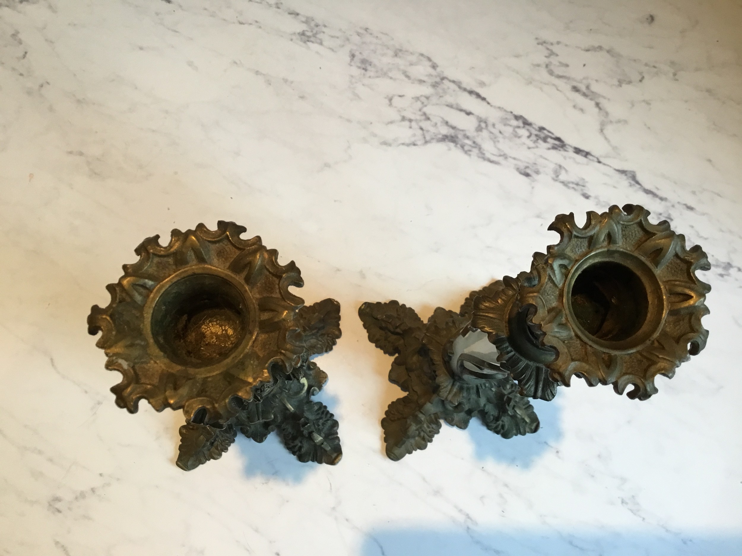 A pair of 19th century French bronze and opaque glass candlesticks, foliate cast sconces, white - Image 4 of 4