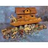 A mid 20th century wooden Noah's Arc, various animals and houses;  etc