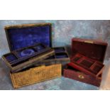 A Victorian leather jewellery box, velvet lined fitted interior, Braham lock, 12cm high, 25.5cm