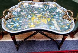 A French-style  shaped rectangular tray, cast foliate scroll gilt metal handles, the field decorated