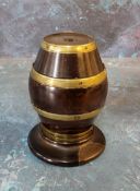 A 19th century lignum vitaes and brass bound string barrel, spreading circular stand, 10cm high, c.
