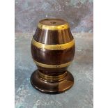 A 19th century lignum vitaes and brass bound string barrel, spreading circular stand, 10cm high, c.