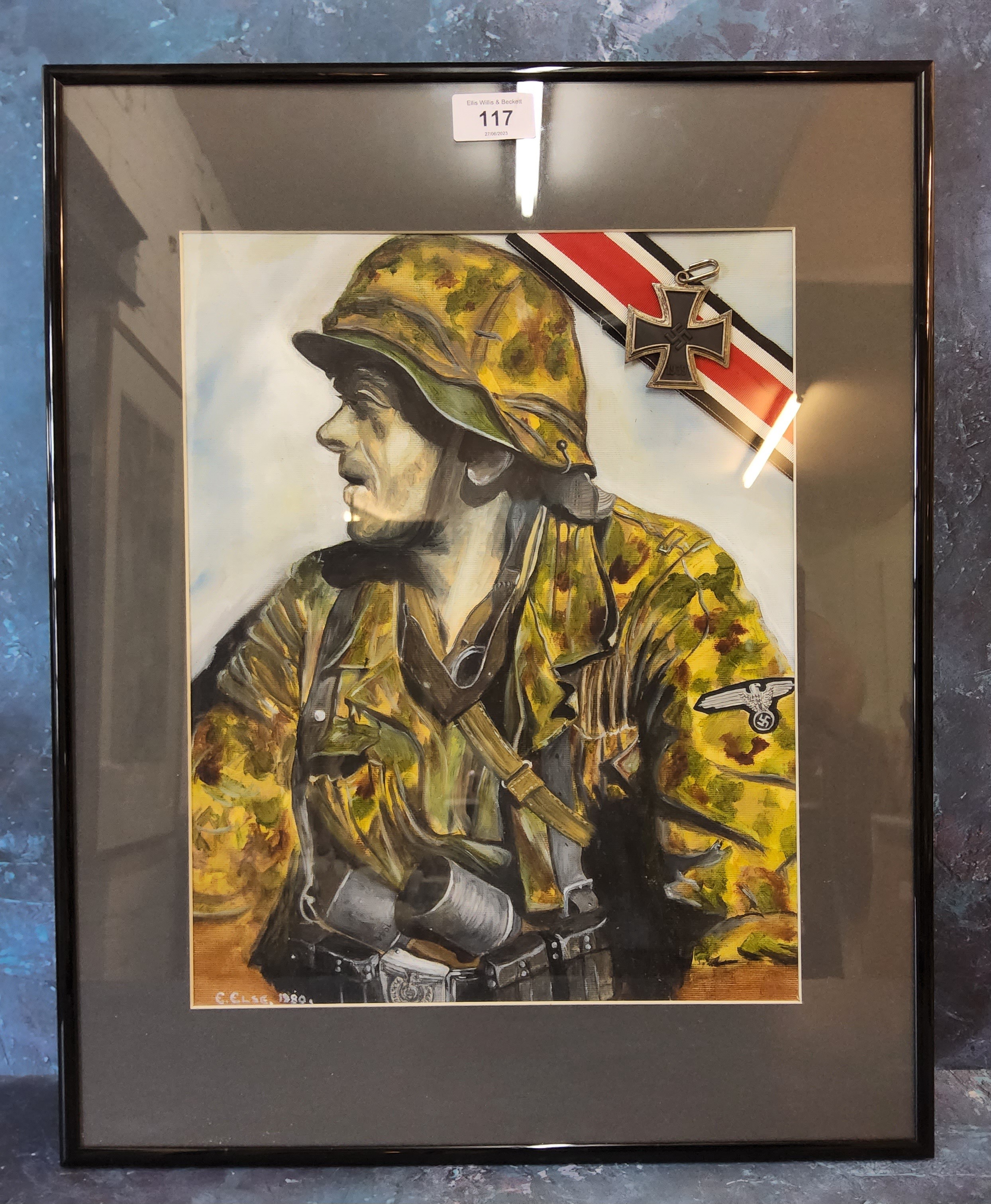 WWII interest - a gouche on canvas of a WWII German Paratrooper, signed & dated E. Else 1980, - Image 2 of 2