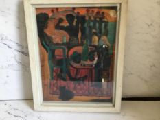 **Bellany Figures and Black Cats by a Table  signed, oil on board, 32cm x 24.5cm