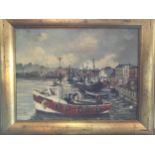 Linda Wier (20th century) Fishing Boats Moored at the Harbour signed with initials, oil on board,