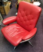 An Ekornes Stressless Metro recliner chair in button backed chilli Red leather with chrome supports,