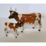 A Beswick Ayshire cow, CH. Newton Tinkle, printed mark;  a similar calf (2)